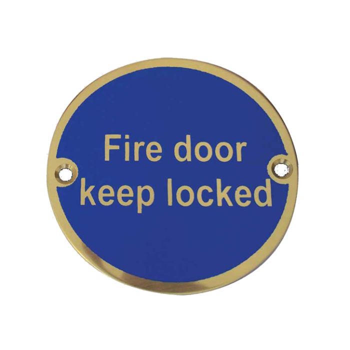 Fire Door Keep Locked Sign (75mm Diameter), Polished Brass