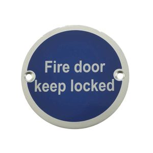 Fire Door Keep Locked Sign (75mm Diameter), Satin Aluminium