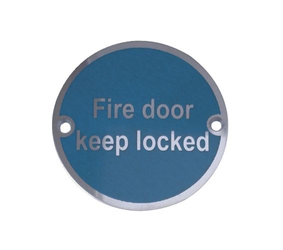 Fire Door Keep Locked Sign (75mm Diameter), Satin Stainless Steel