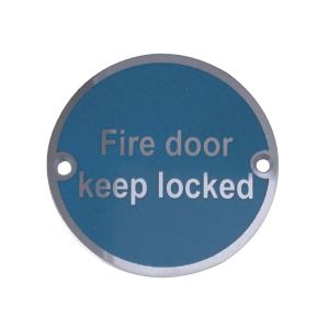 Fire Door Keep Locked Sign (75mm Diameter), Satin Stainless Steel