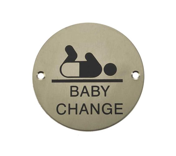 Baby Change Pictogram Sign (75mm Diameter), Satin Stainless Steel