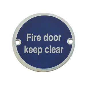 Fire Door Keep Clear Sign (75mm Diameter), Satin Aluminium