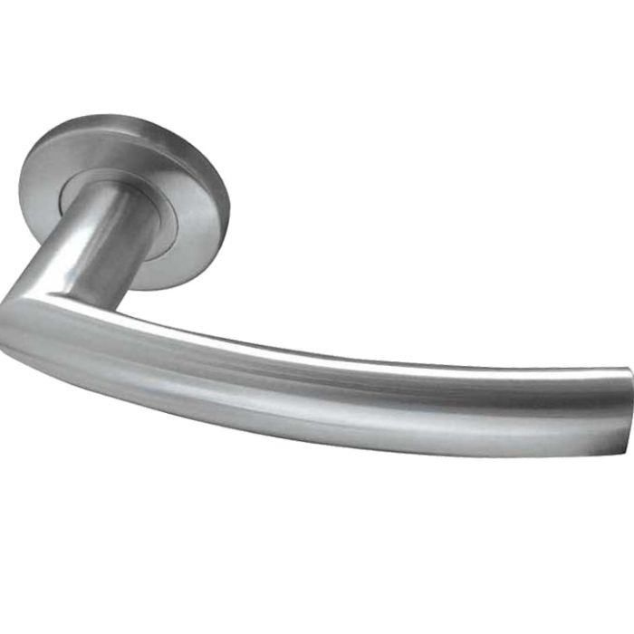 Luma Door Handles On Round Rose, Satin Stainless Steel (sold in pairs)