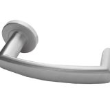 Juno Door Handles On Round Rose, Satin Stainless Steel (sold in pairs)