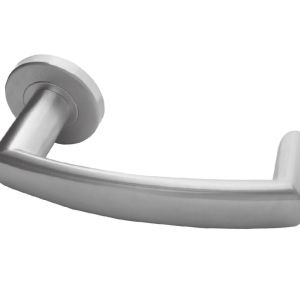 Juno Door Handles On Round Rose, Satin Stainless Steel (sold in pairs)