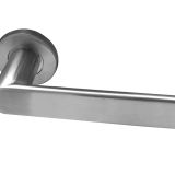 Sandrine Door Handles On Round Rose, Satin Stainless Steel (sold in pairs)
