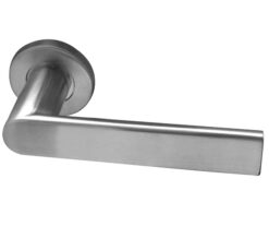 Sandrine Door Handles On Round Rose, Satin Stainless Steel (sold in pairs)