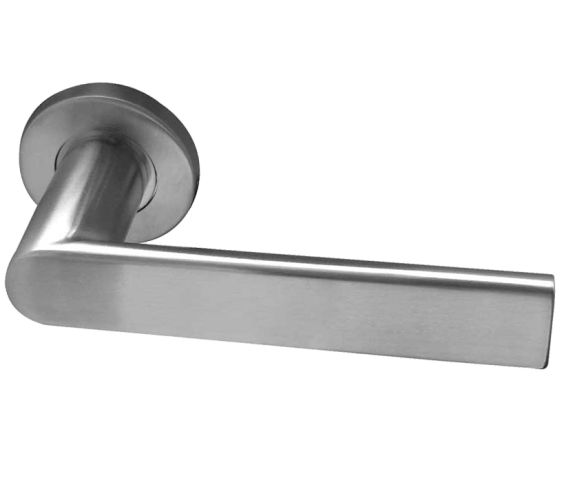 Sandrine Door Handles On Round Rose, Satin Stainless Steel (sold in pairs)