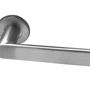 Sandrine Door Handles On Round Rose, Satin Stainless Steel (sold in pairs)