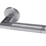 Cambrio Mitred Door Handles On Round Rose, Dual Finish Polished & Satin Stainless Steel (sold in pairs)