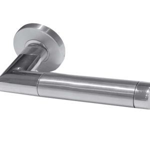 Cambrio Mitred Door Handles On Round Rose, Dual Finish Polished & Satin Stainless Steel (sold in pairs)