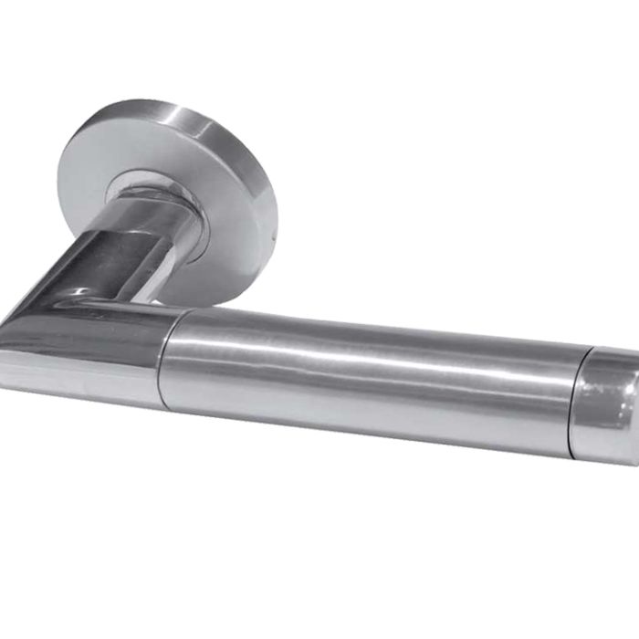 Cambrio Mitred Door Handles On Round Rose, Dual Finish Polished & Satin Stainless Steel (sold in pairs)