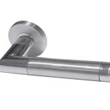 Saturn Mitred Oval Door Handles On Round Rose, Dual Finish Polished & Satin Stainless Steel (sold in pairs)