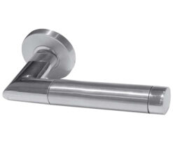 Saturn Mitred Oval Door Handles On Round Rose, Dual Finish Polished & Satin Stainless Steel (sold in pairs)