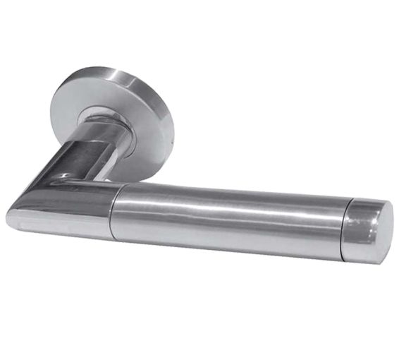 Saturn Mitred Oval Door Handles On Round Rose, Dual Finish Polished & Satin Stainless Steel (sold in pairs)