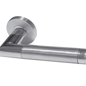 Saturn Mitred Oval Door Handles On Round Rose, Dual Finish Polished & Satin Stainless Steel (sold in pairs)