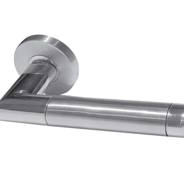Saturn Mitred Oval Door Handles On Round Rose, Dual Finish Polished & Satin Stainless Steel (sold in pairs)