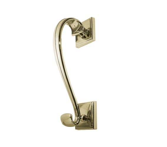 Sloan Scroll Door Knocker On Square Rose, Polished Brass