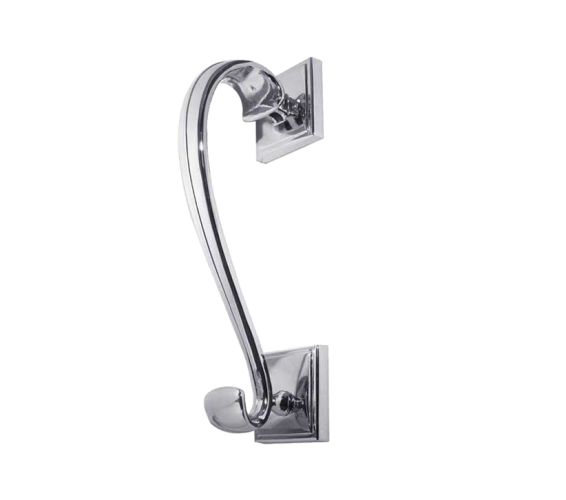 Sloan Scroll Door Knocker On Square Rose, Polished Chrome