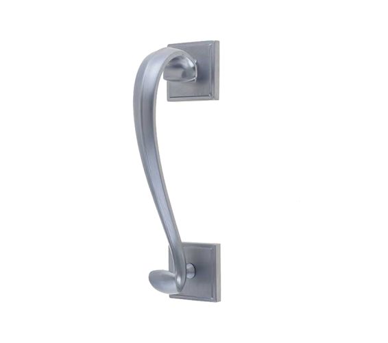 Sloan Scroll Door Knocker On Square Rose, Satin Chrome