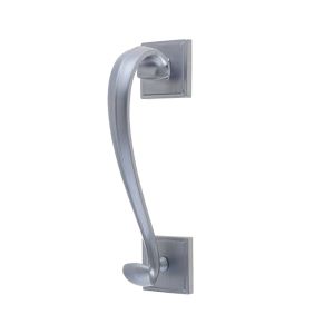 Sloan Scroll Door Knocker On Square Rose, Satin Chrome