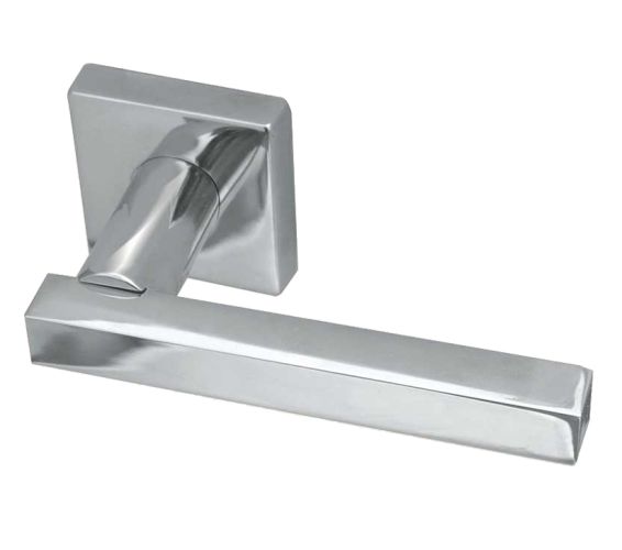 Paja Kubus Straight Door Handles On Square Rose, Polished Chrome (sold in pairs)