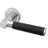 Paja Ascot Black Leather Door Handles On Round Rose, Polished Chrome (sold in pairs)