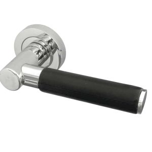 Paja Ascot Black Leather Door Handles On Round Rose, Polished Chrome (sold in pairs)
