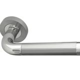 Door Handles On Round Rose, Dual Finish Polished Chrome & Satin Chrome (sold in pairs)