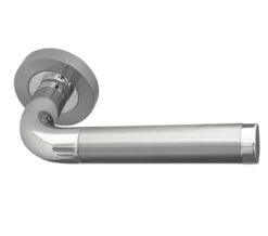 Door Handles On Round Rose, Dual Finish Polished Chrome & Satin Chrome (sold in pairs)