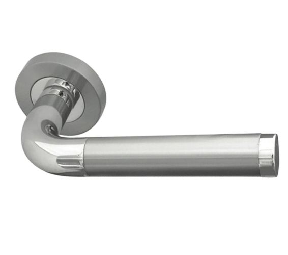 Door Handles On Round Rose, Dual Finish Polished Chrome & Satin Chrome (sold in pairs)