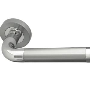 Door Handles On Round Rose, Dual Finish Polished Chrome & Satin Chrome (sold in pairs)