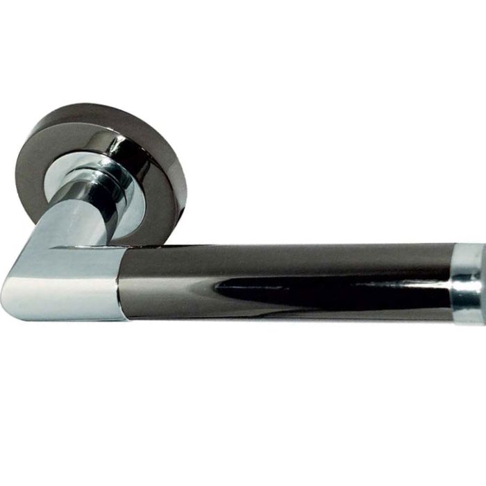 Mitred Door Handles On Round Rose, Dual Finish Polished Chrome & Black Nickel(sold in pairs)