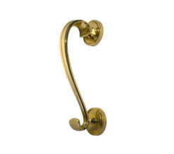 Sloan Scroll Door Knocker On Round Rose, Polished Brass