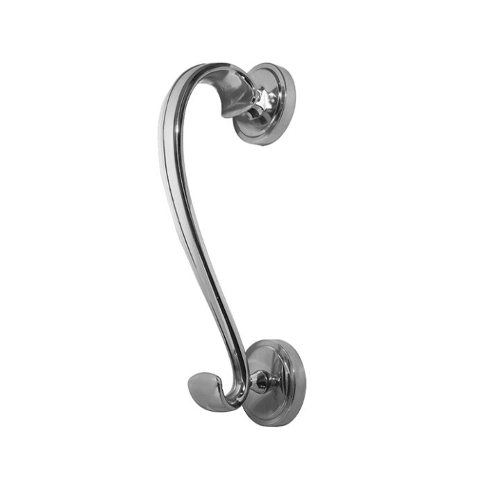 Sloan Scroll Door Knocker On Round Rose, Polished Chrome