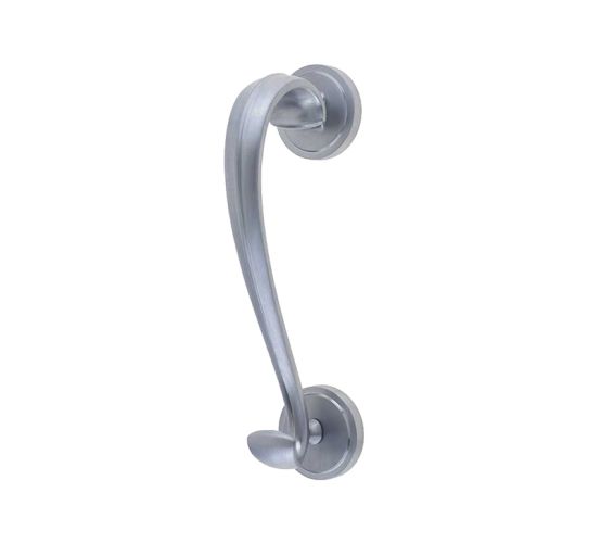 Sloan Scroll Door Knocker On Round Rose, Satin Chrome