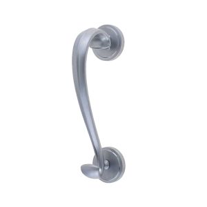 Sloan Scroll Door Knocker On Round Rose, Satin Chrome