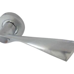 Twirl Door Handles On Round Rose, Dual Finish Polished Chrome And Satin Chrome  (sold in pairs)