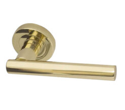 Petra Door Handles On Round Rose, PVD Stainless Brass (sold in pairs)