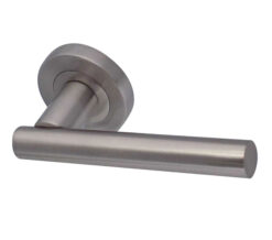 Petra Door Handles On Round Rose, Satin Nickel  (sold in pairs)