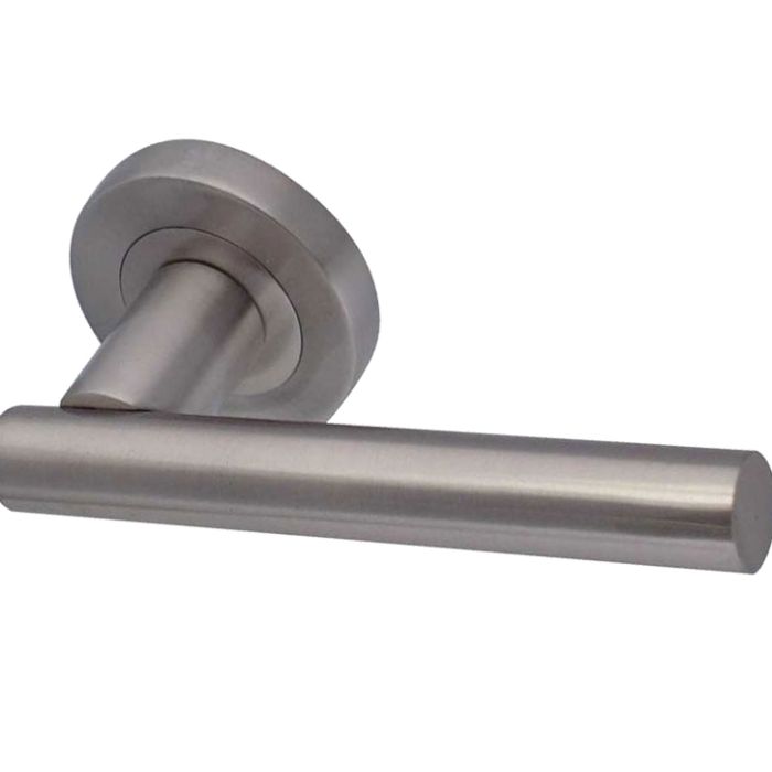 Petra Door Handles On Round Rose, Satin Nickel  (sold in pairs)