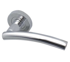 Curve Door Handles On Round Rose, Polished Chrome  (sold in pairs)