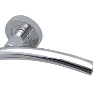 Curve Door Handles On Round Rose, Polished Chrome  (sold in pairs)