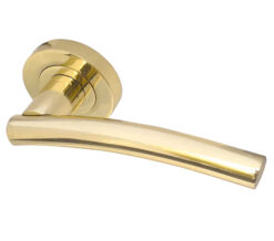 Curve Door Handles On Round Rose, PVD Stainless Brass  (sold in pairs)