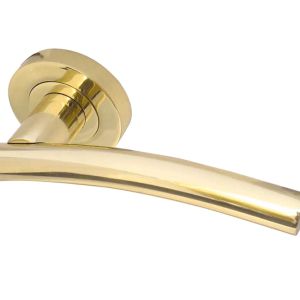 Curve Door Handles On Round Rose, PVD Stainless Brass  (sold in pairs)