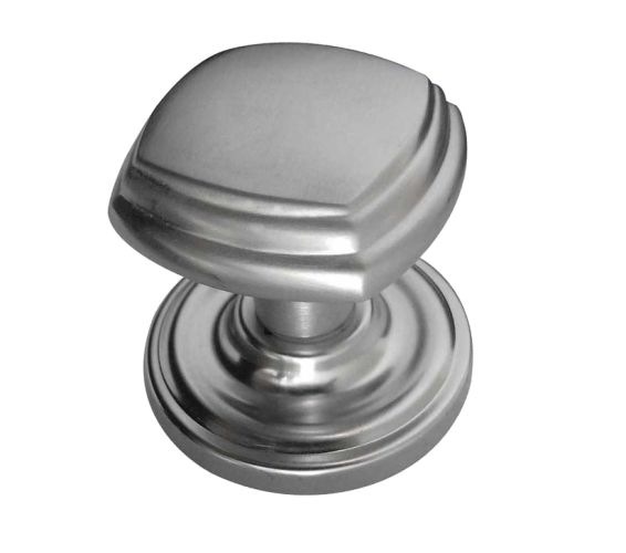Tiered Square Mortice Door Knob On Round Rose, Satin Chrome (sold in pairs)