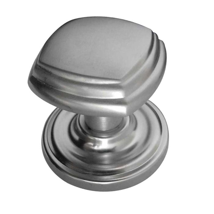Tiered Square Mortice Door Knob On Round Rose, Satin Chrome (sold in pairs)