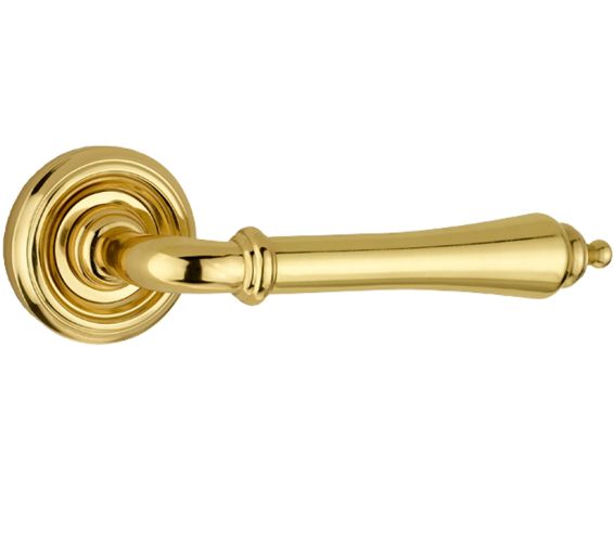 Parisian Camille Door Handles On Round Rose, Polished Brass  (sold in pairs)
