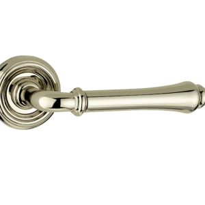Parisian Camille Door Handles On Round Rose, Polished Nickel  (sold in pairs)
