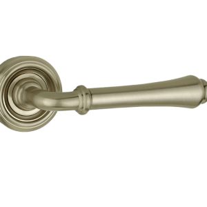 Parisian Camille Door Handles On Round Rose, Satin Nickel  (sold in pairs)